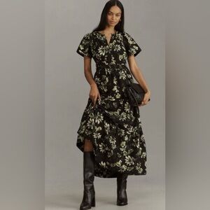 Anthropologie Somerset Black and Green Leaf Maxi Dress
